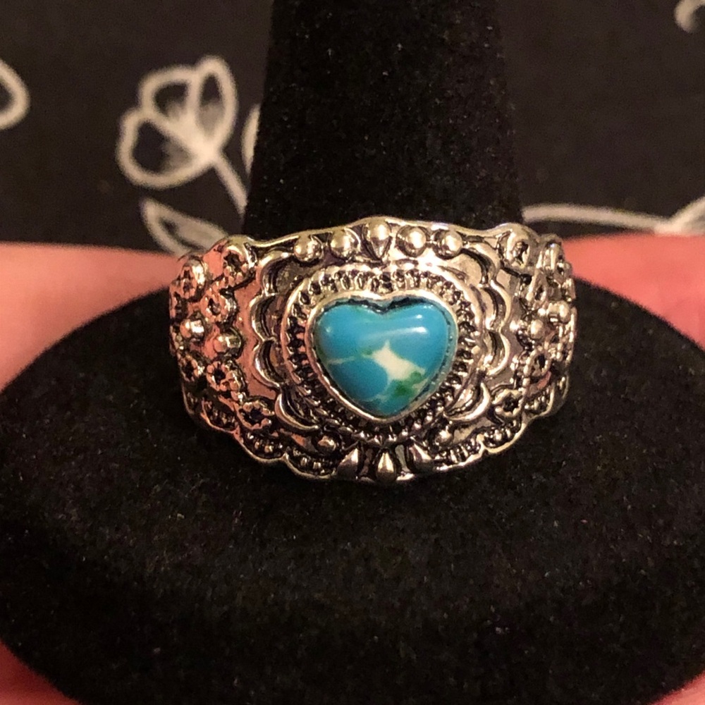Silver Heart Ring with Faux Turquoise Stone - Picture 2 of 9